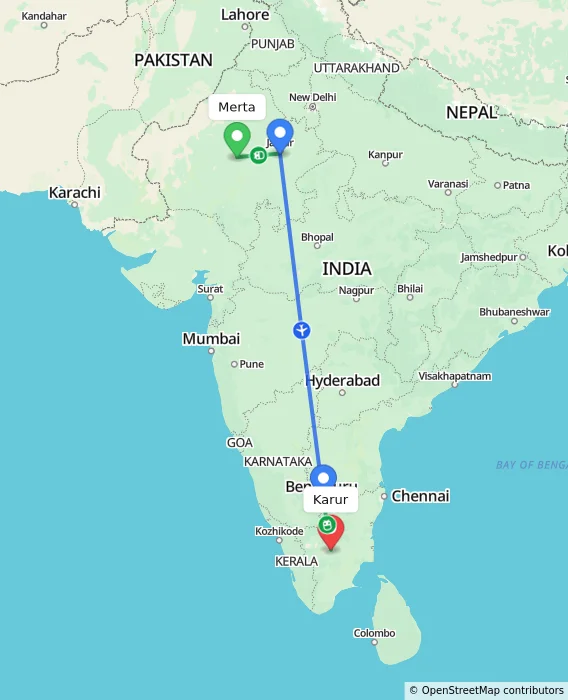 Route map showing distance and travel time from Merta, India to Karur, India