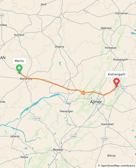 Route map showing distance and travel time from Merta, India to Kishangarh, India