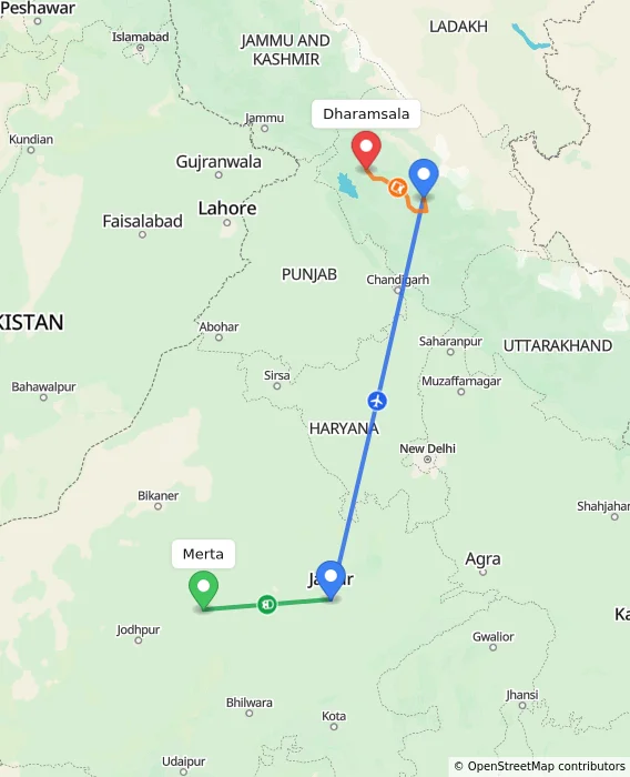 Route map showing distance and travel time from Merta, India to Dharamsala, India