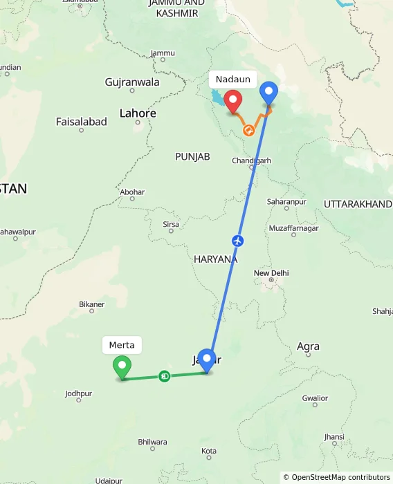 Route map showing distance and travel time from Merta, India to Nadaun, India