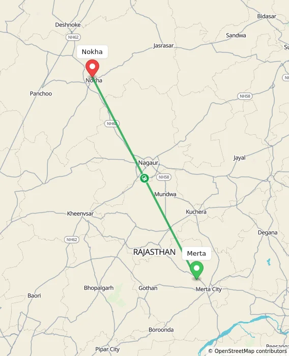 Route map showing distance and travel time from Merta, India to Nokha, India