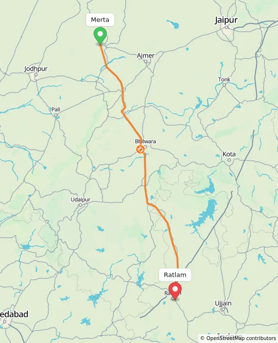 Route map showing distance and travel time from Merta, India to Ratlam, India
