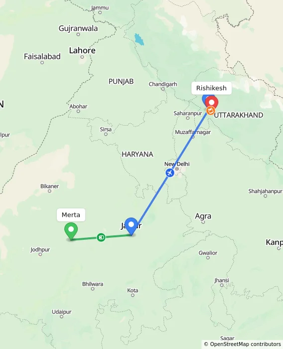 Route map showing distance and travel time from Merta, India to Rishikesh, India