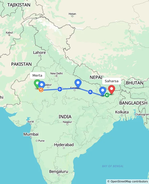 Route map showing distance and travel time from Merta, India to Saharsa, India