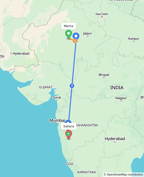 Route map showing distance and travel time from Merta, India to Satara, India