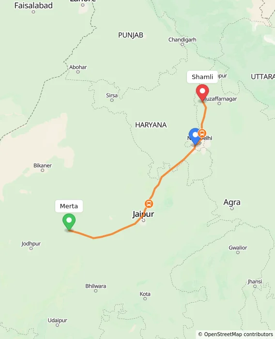 Route map showing distance and travel time from Merta, India to Shamli, India