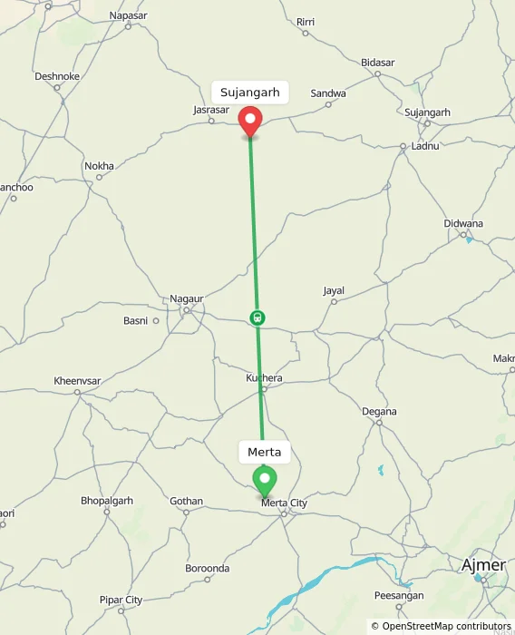 Route map showing distance and travel time from Merta, India to Sujangarh, India