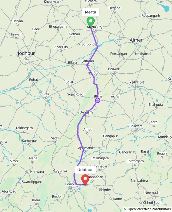 Route map showing distance and travel time from Merta, India to Udaipur, India