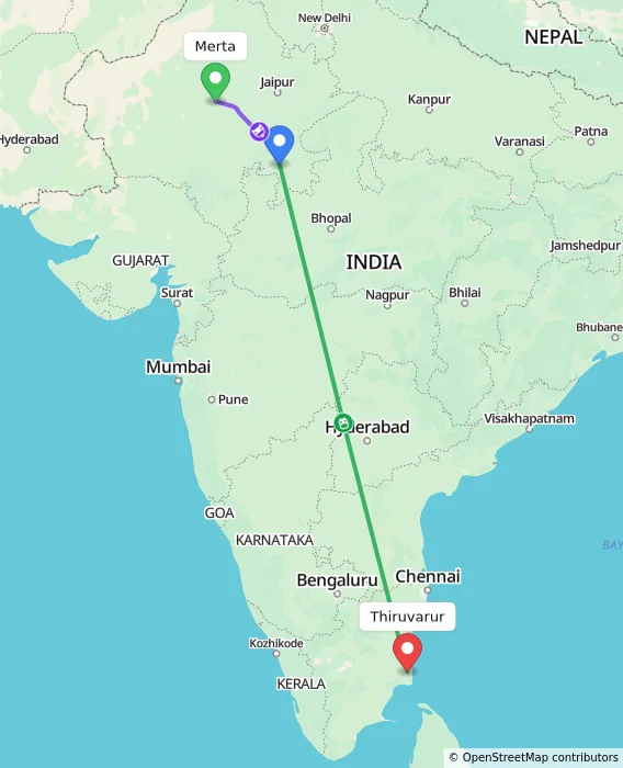 Route map showing distance and travel time from Merta, India to Thiruvarur, India