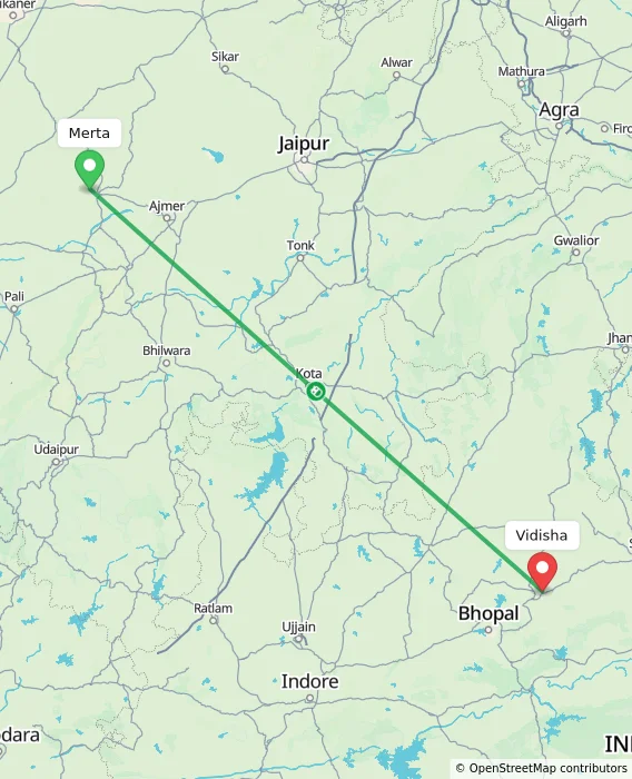 Route map showing distance and travel time from Merta, India to Vidisha, India