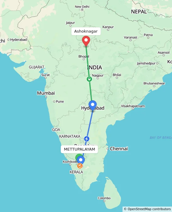 Route map showing distance and travel time from METTUPALAYAM, India to Ashoknagar, India