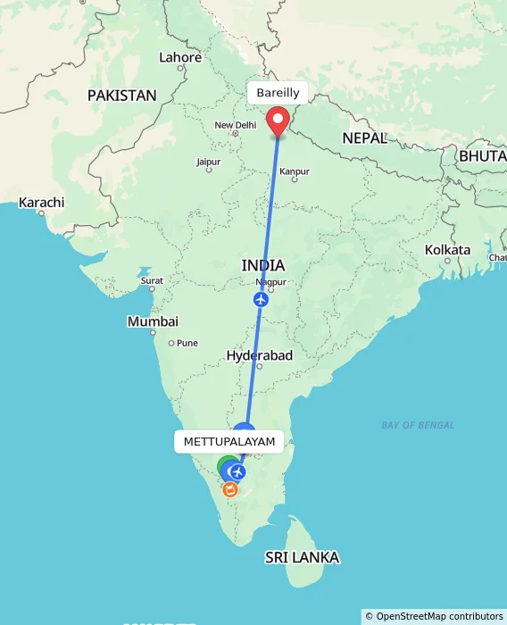 Route map showing distance and travel time from METTUPALAYAM, India to Bareilly, India