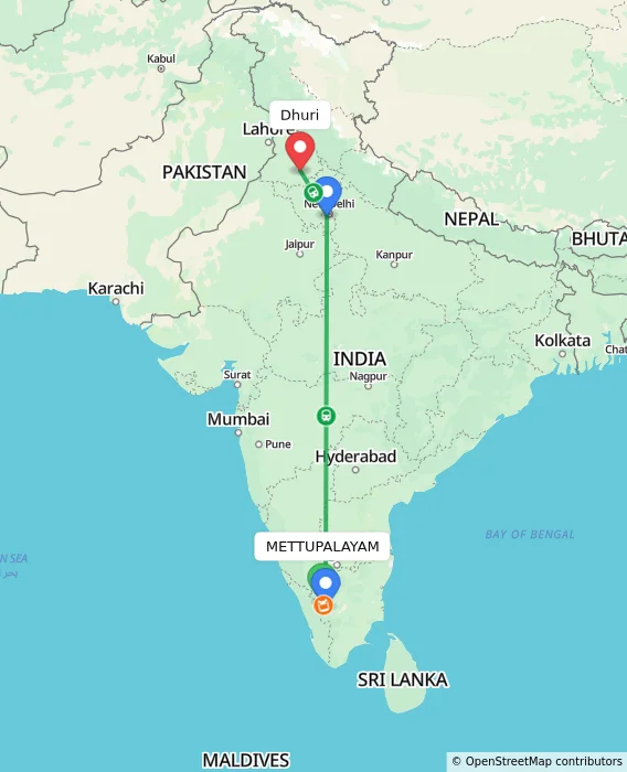Route map showing distance and travel time from METTUPALAYAM, India to Dhuri, India