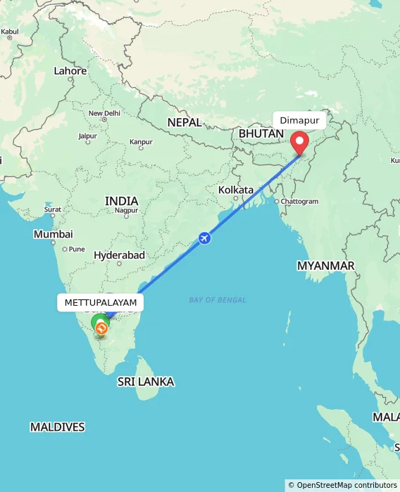 Route map showing distance and travel time from METTUPALAYAM, India to Dimapur, India