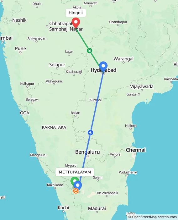 Route map showing distance and travel time from METTUPALAYAM, India to Hingoli, India
