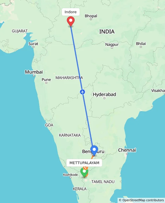 Route map showing distance and travel time from METTUPALAYAM, India to Indore, India