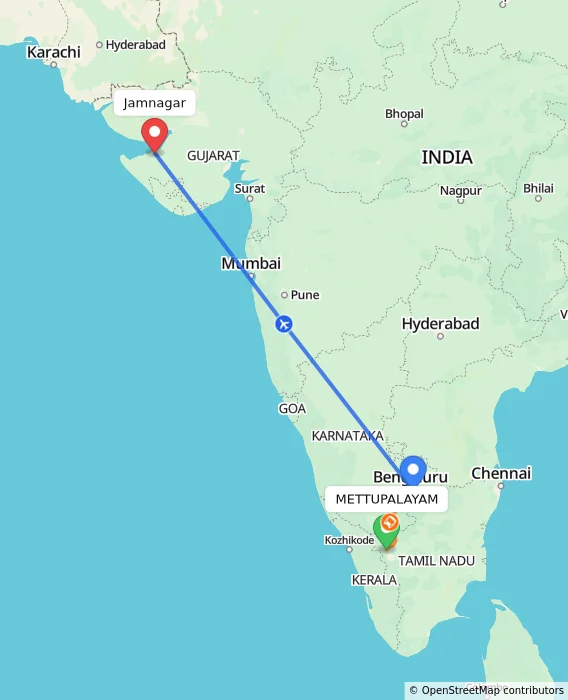 Route map showing distance and travel time from METTUPALAYAM, India to Jamnagar, India