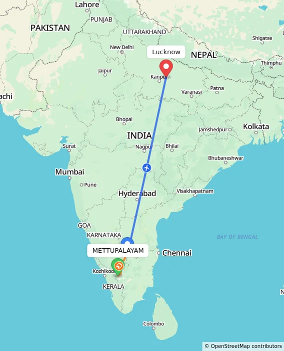 Route map showing distance and travel time from METTUPALAYAM, India to Lucknow, India