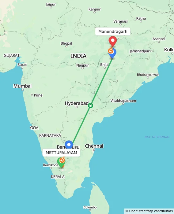 Route map showing distance and travel time from METTUPALAYAM, India to Manendragarh, India