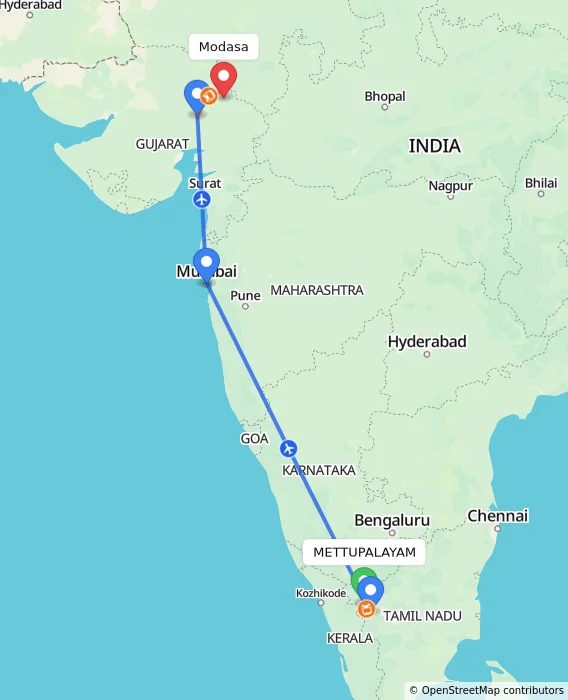Route map showing distance and travel time from METTUPALAYAM, India to Modasa, India