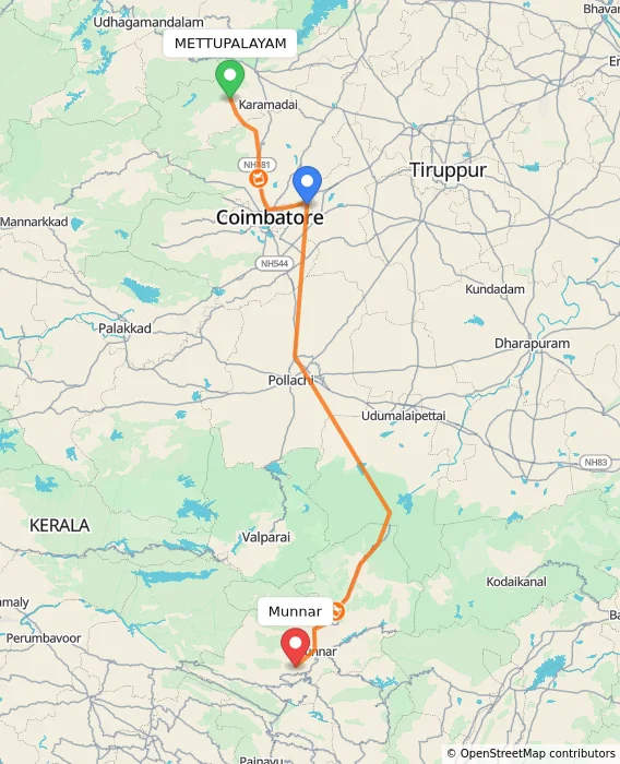 Route map showing distance and travel time from METTUPALAYAM, India to Munnar, India