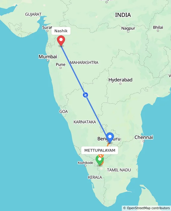 Route map showing distance and travel time from METTUPALAYAM, India to Nashik, India