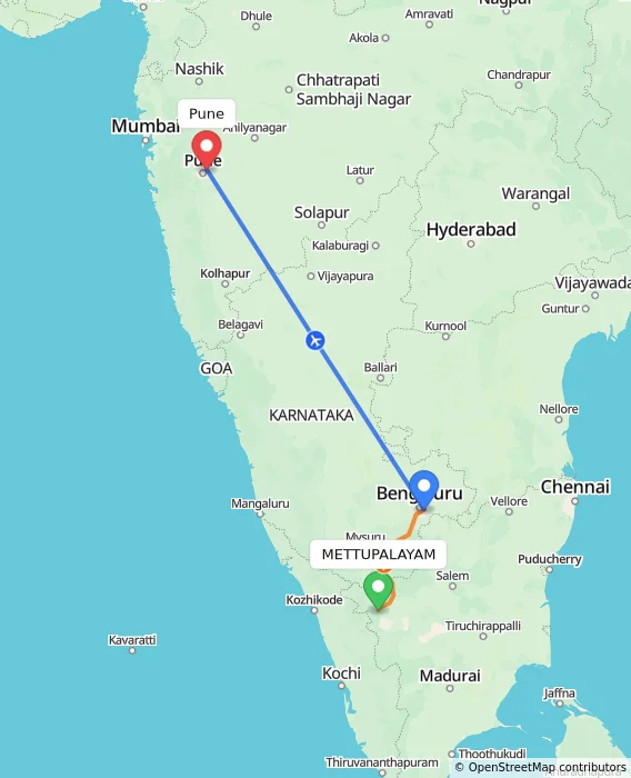 Route map showing distance and travel time from METTUPALAYAM, India to Pune, India