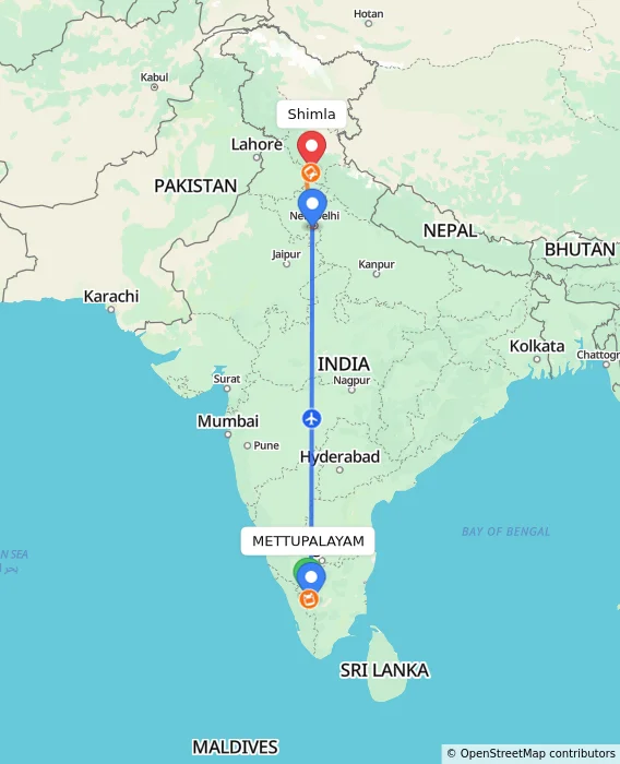 Route map showing distance and travel time from METTUPALAYAM, India to Shimla, India