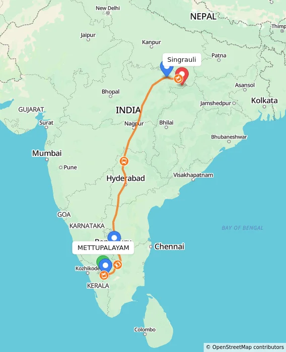 Route map showing distance and travel time from METTUPALAYAM, India to Singrauli, India