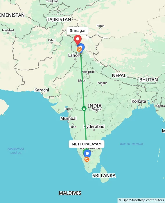 Route map showing distance and travel time from METTUPALAYAM, India to Srinagar, India