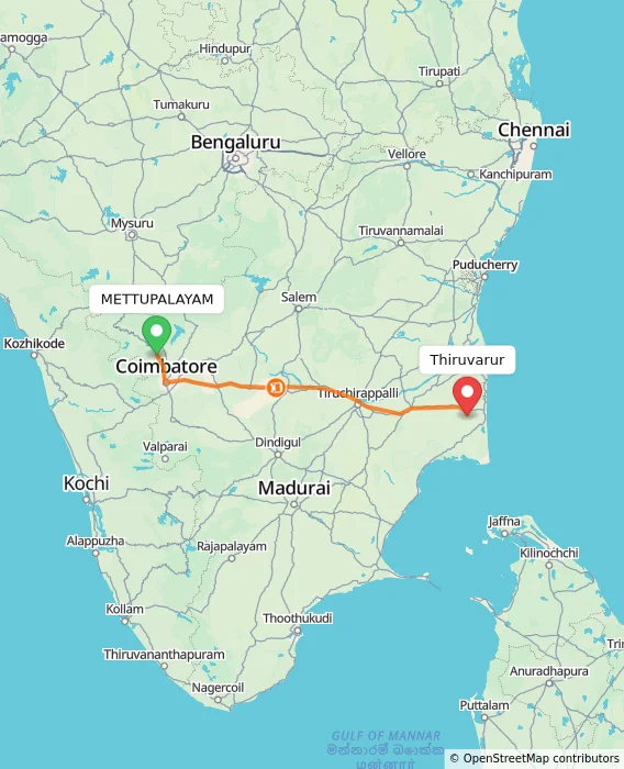 Route map showing distance and travel time from METTUPALAYAM, India to Thiruvarur, India
