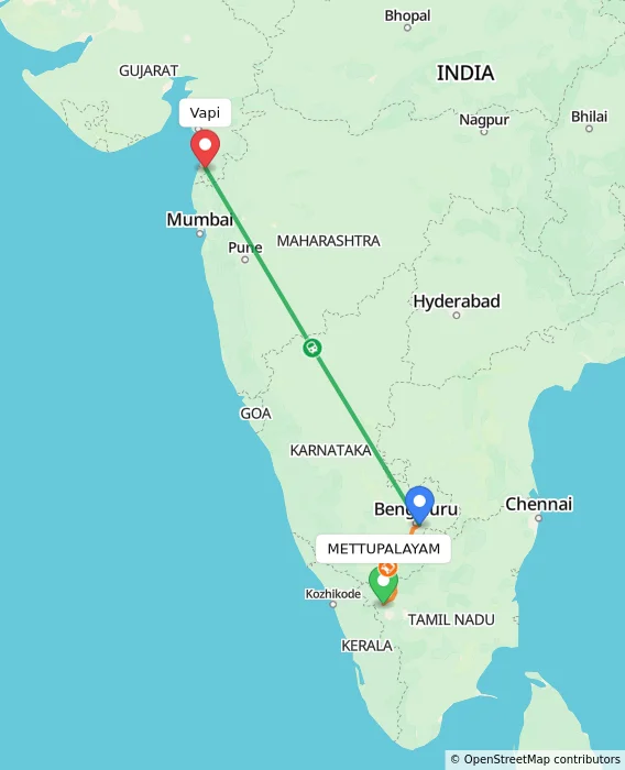 Route map showing distance and travel time from METTUPALAYAM, India to Vapi, India