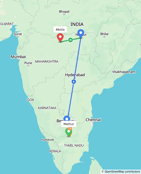 Route map showing distance and travel time from Mettur, India to Akola, India