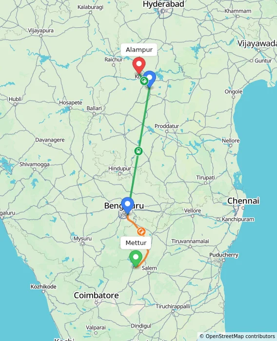 Route map showing distance and travel time from Mettur, India to Alampur, India