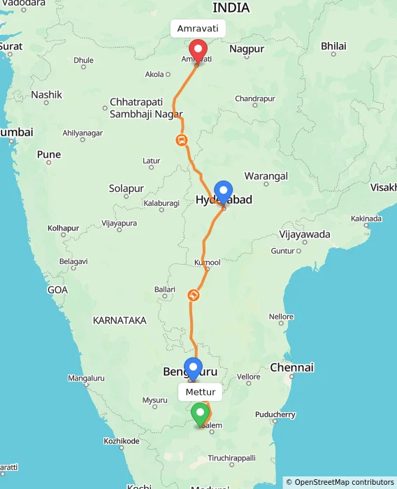 Route map showing distance and travel time from Mettur, India to Amravati, India