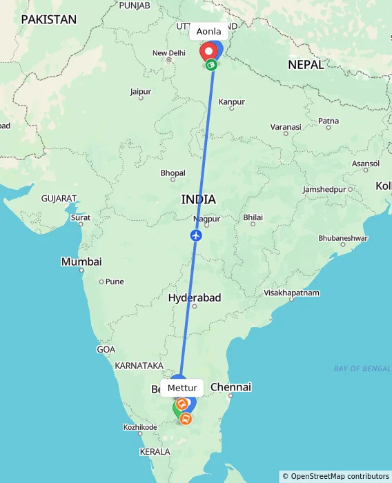 Route map showing distance and travel time from Mettur, India to Aonla, India