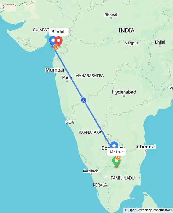 Route map showing distance and travel time from Mettur, India to Bardoli, India