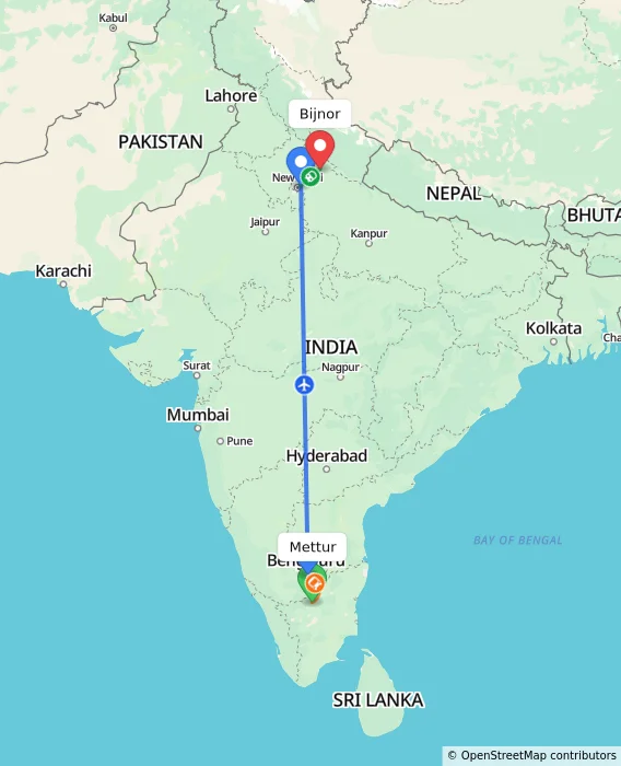 Route map showing distance and travel time from Mettur, India to Bijnor, India