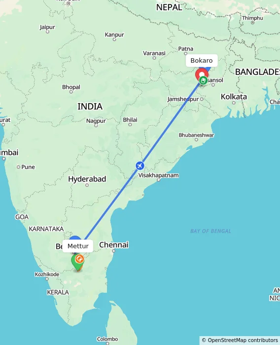Route map showing distance and travel time from Mettur, India to Bokaro, India