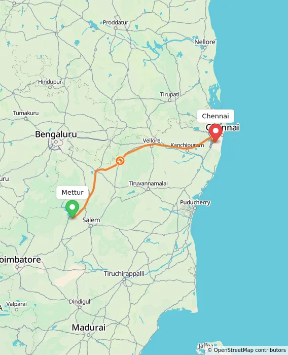 Route map showing distance and travel time from Mettur, India to Chennai, India