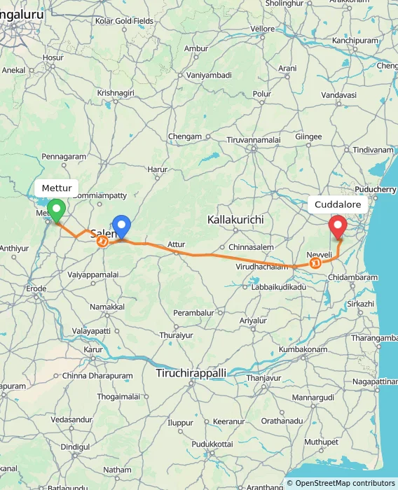 Route map showing distance and travel time from Mettur, India to Cuddalore, India