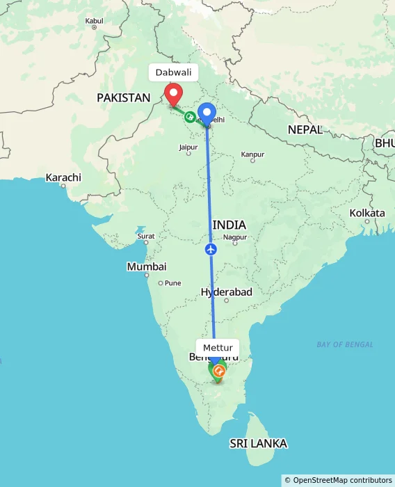 Route map showing distance and travel time from Mettur, India to Dabwali, India