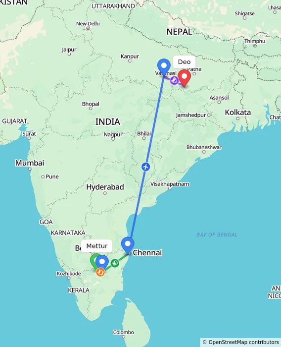 Route map showing distance and travel time from Mettur, India to Deo, India