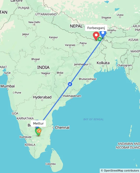 Route map showing distance and travel time from Mettur, India to Forbesganj, India