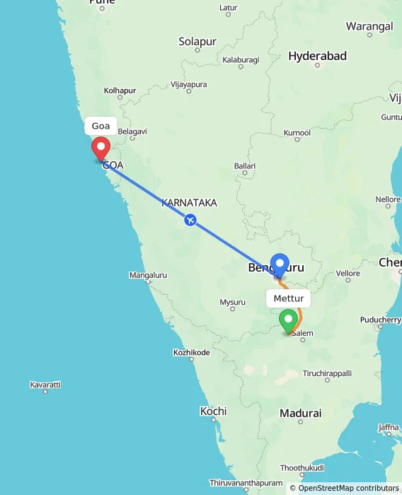 Route map showing distance and travel time from Mettur, India to Goa, India
