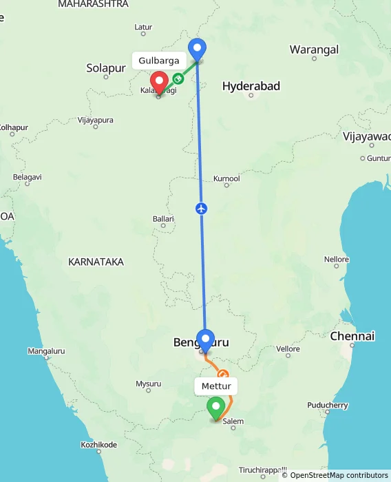 Route map showing distance and travel time from Mettur, India to Gulbarga, India