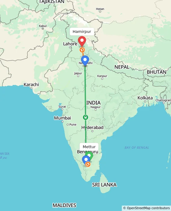 Route map showing distance and travel time from Mettur, India to Hamirpur, India