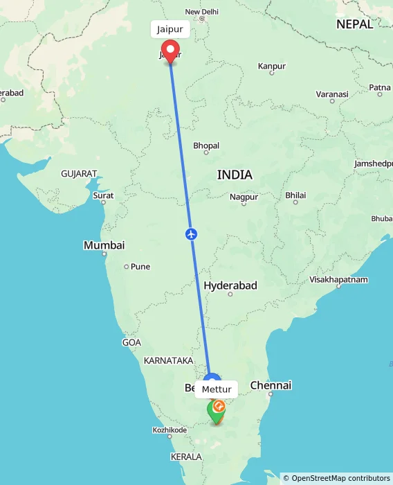 Route map showing distance and travel time from Mettur, India to Jaipur, India