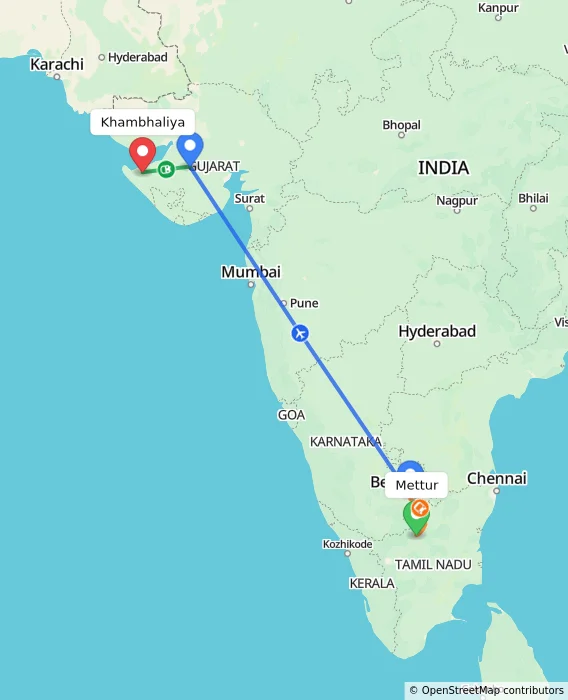 Route map showing distance and travel time from Mettur, India to Khambhaliya, India
