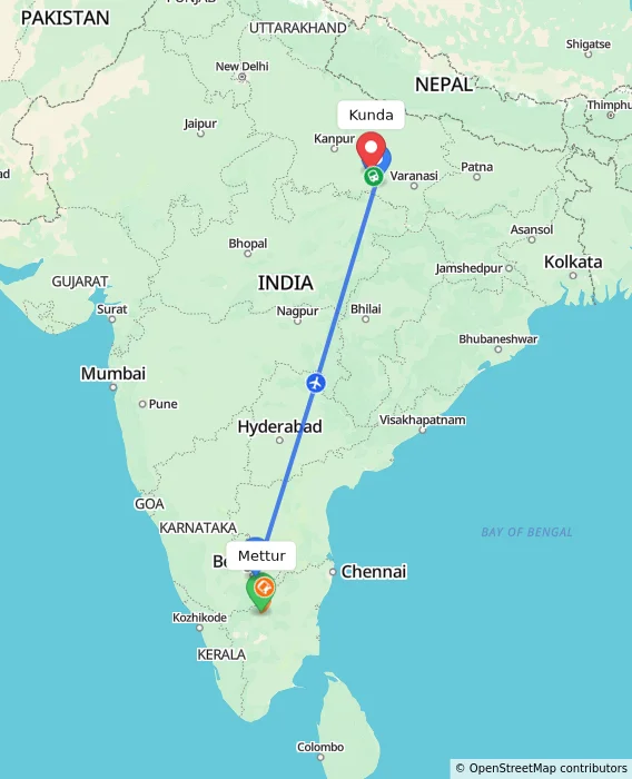 Route map showing distance and travel time from Mettur, India to Kunda, India